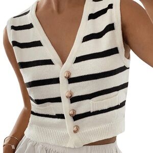 Black and White Striped Cropped Button Down Vest with Gold Buttons
